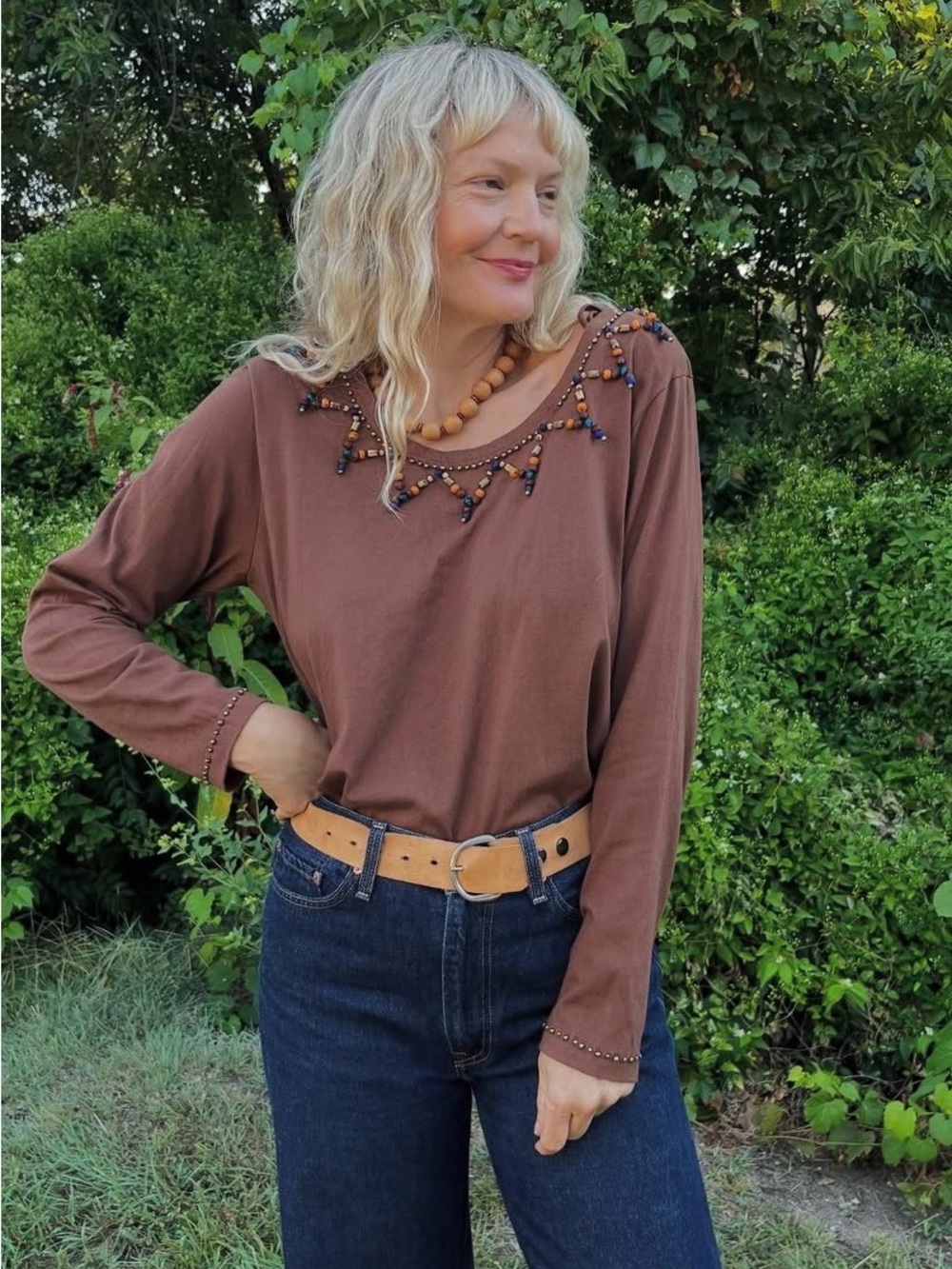 Vintage Copper Key Brown Beaded Long-Sleeve Top
